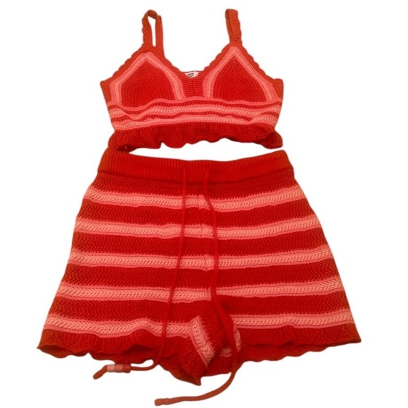 Madden NYC Red and White Striped crocheted 2 piece Romper - Picture 6 of 6